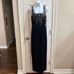 Navy Blue Beaded Sleeveless Evening Gown